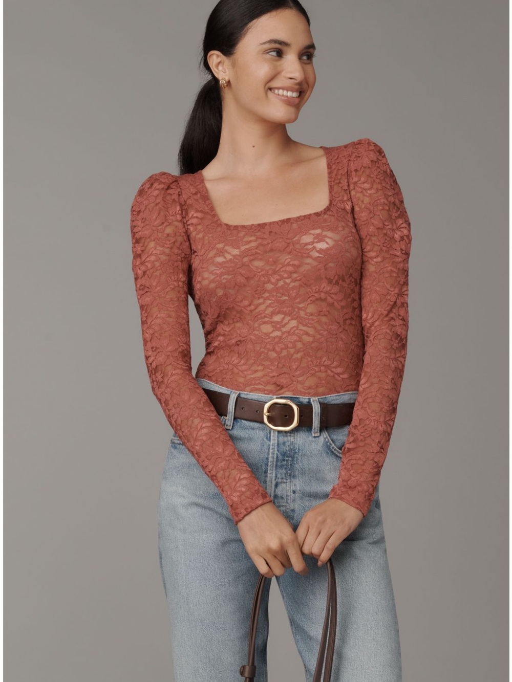 NWT Anthropologie Puff-Sleeve Sheer Lace Long Sleeve Top Size XL